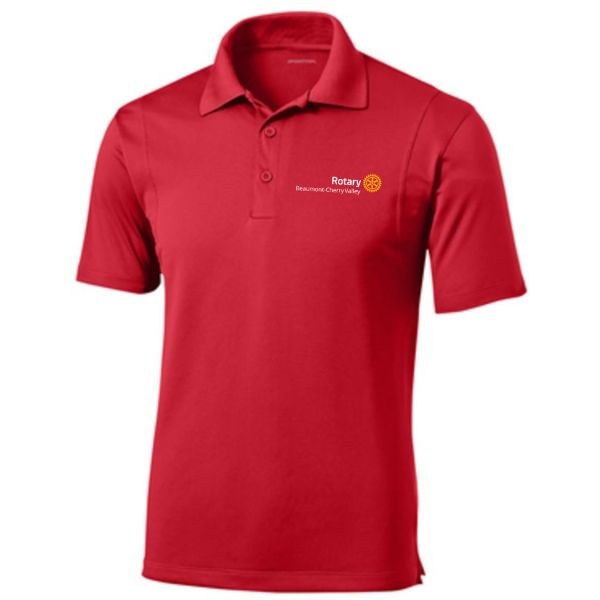 Red Sport-Tek polo shirt embroidered with the Beaumont-Cherry Valley Rotary wheel logo, available in the club apparel store