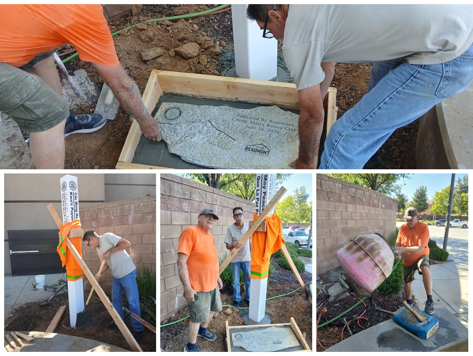 Photos of Bruce Murrill and Matthew Pistilli installing the new Peace Pole the evening before its dedication: setting the engraved dedication stone into wet concrete, bracing the pole upright, standing together beside the finished pole, and mixing concrete in a portable mixer