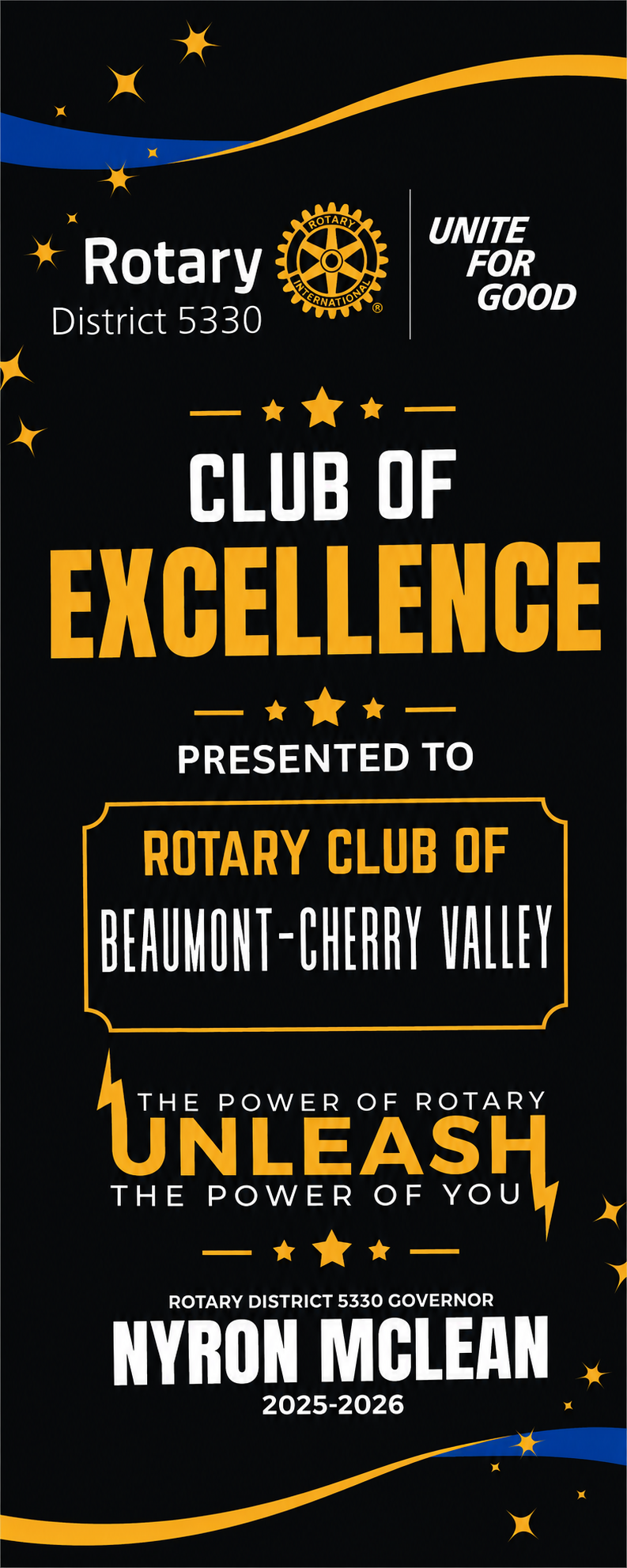 Rotary District 5330 Club of Excellence banner presented to the Rotary Club of Beaumont-Cherry Valley by District Governor Nyron McLean, 2025-2026